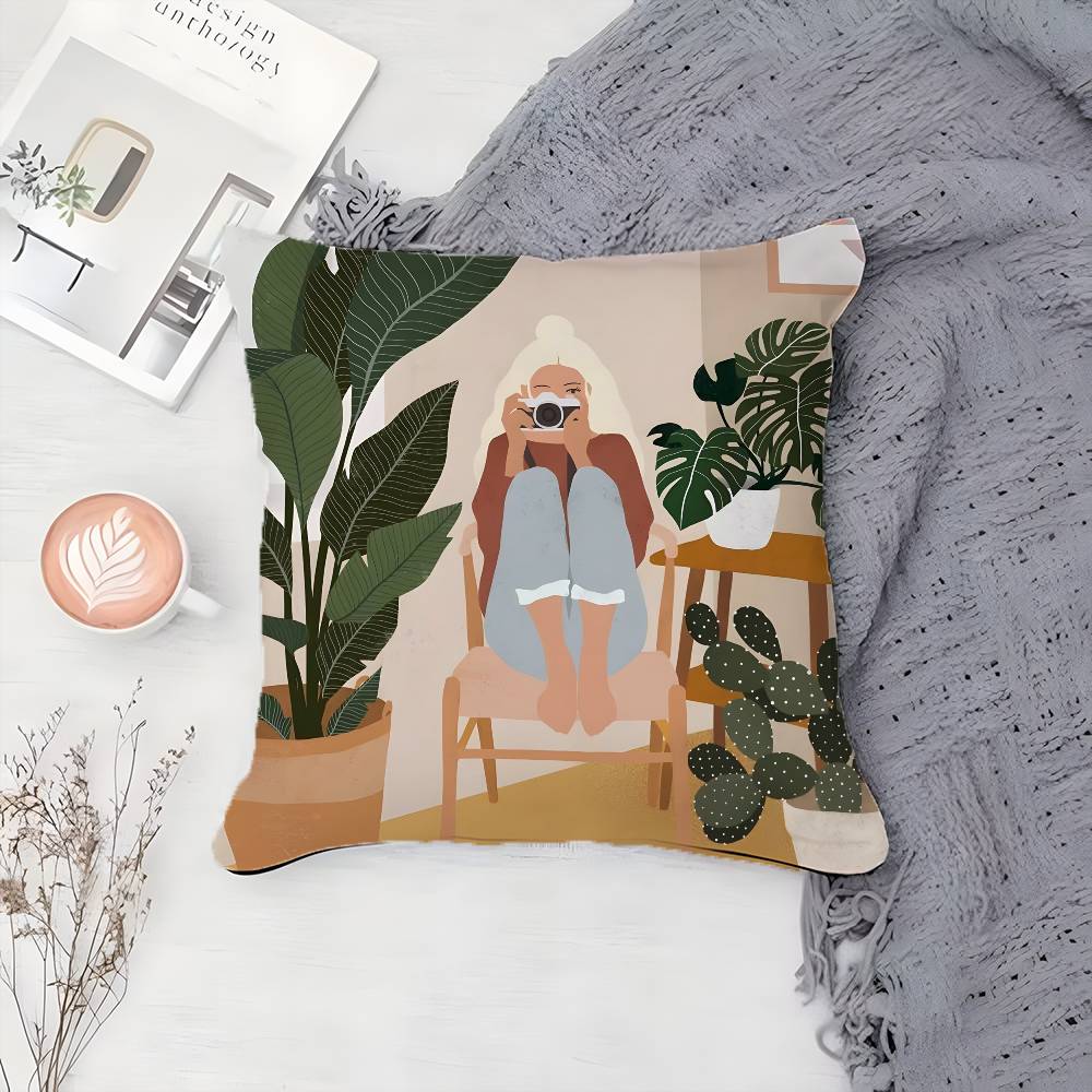 Elegante Einfache Blumenzüchtendes Mädchen Kissenbezug Druck Kissenbezug Wohnzimmer Sofa Kissenbezug Schlafzimmer Zimmerdeko