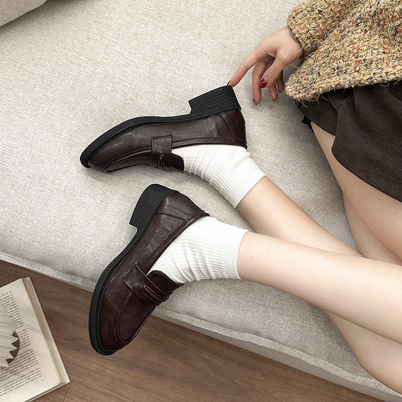 thick heel black British style small leather shoes women's shoes 2025 new spring and autumn one-pedal retro loafers single shoes