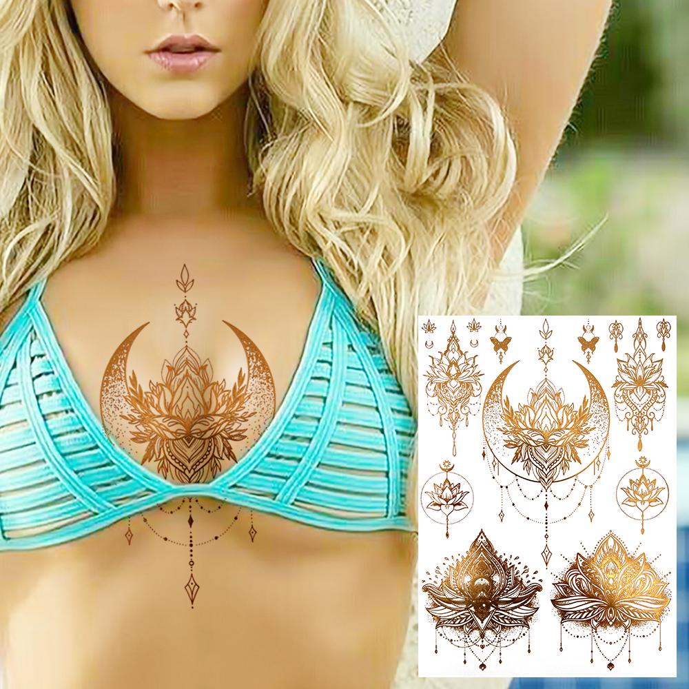 Golden Turtle Anchor Temporary Tattoo For Women Adult Realistic Compass Flower Fake Tattoo Sticker Washable Body Art Tatoo Decal