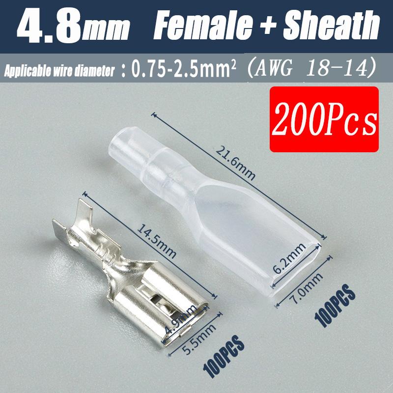 200Pcs Copper Female and Male Crimp Terminal Connectors Aautomotive Speaker Cable Flag Connector 2.8/ 4.8/ 6.3mm With Sheathing