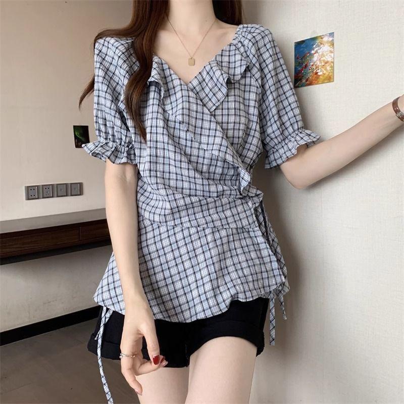 New Summer Plaid V-neck Short-sleeved Shirt Design Sense Women's Waist-hugging Shirt Top