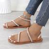 2025 New Summer Women Flat Sandals Pearl Decoration Sandals Leather Flat Beach Sand Holiday Shoes for Women Sandalias De Mujer