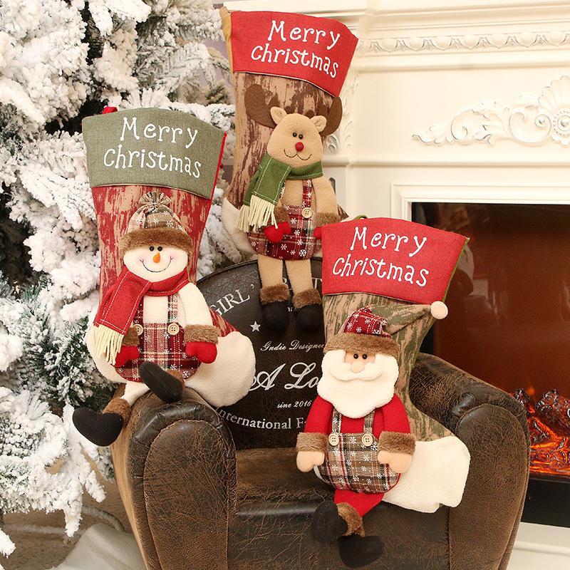 Linen Cloth Christmas Stockings With Santa Claus Snowman Reindeer Pattern For Christmas Decorations