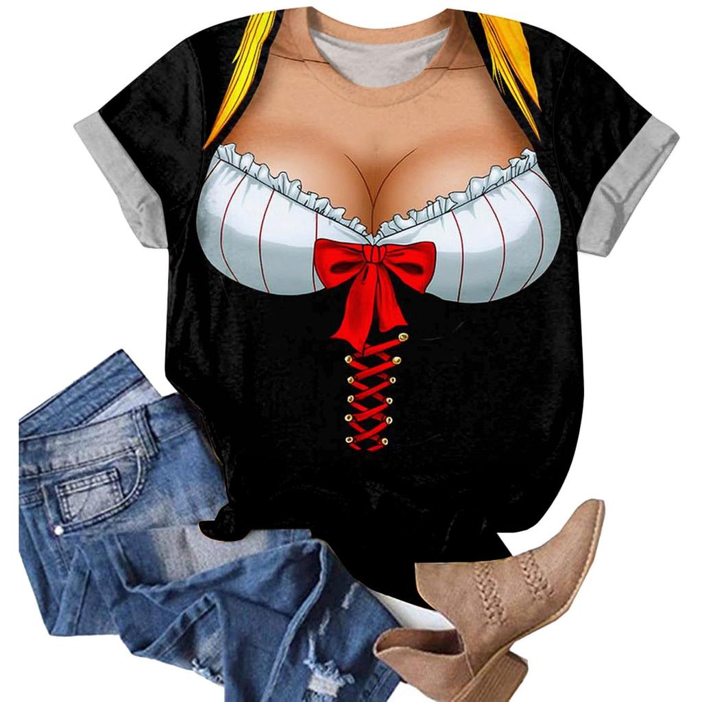 Women's Casual Pullover T Shirt Short Sleeve Round Neck Tee Top Oktoberfest Print Graphic Shirt