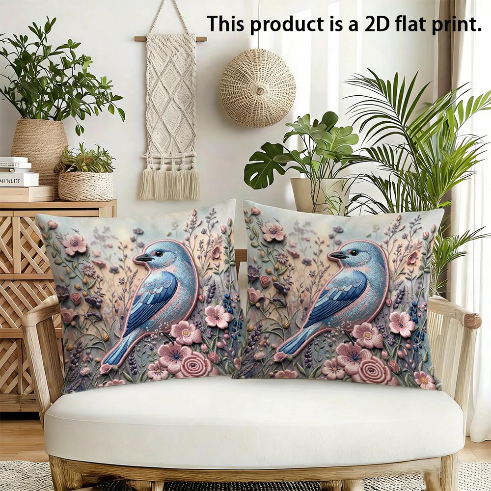 2pcs Throw Pillow Covers 18x18 Inch Vintage Bluebird Floral Print Decorative Pillowcases for Couch Bedroom Living Room