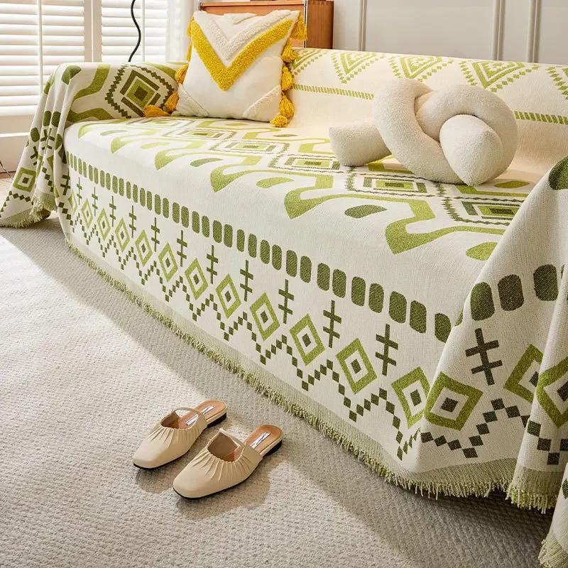 Boho Style Chenille Sofa Towel with Tassels, Double-side, for Living Room Camping Picnic Large Blanket Leisure Relax Beach Towel