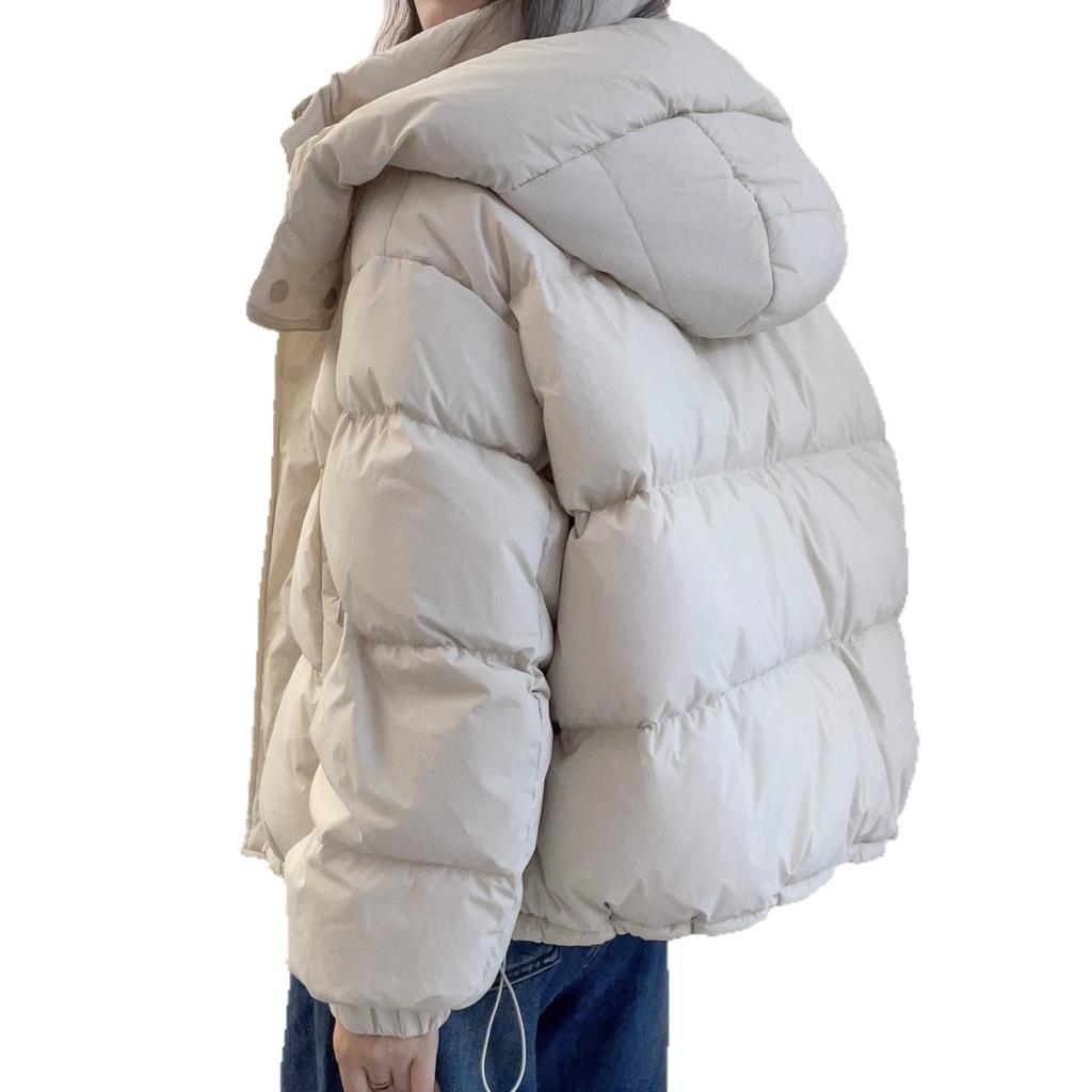 Women's Hooded Puffer Jacket Zipper Front Drawstring Hem Quilted Short Cotton Coat Solid Color Warm Winter Outerwear