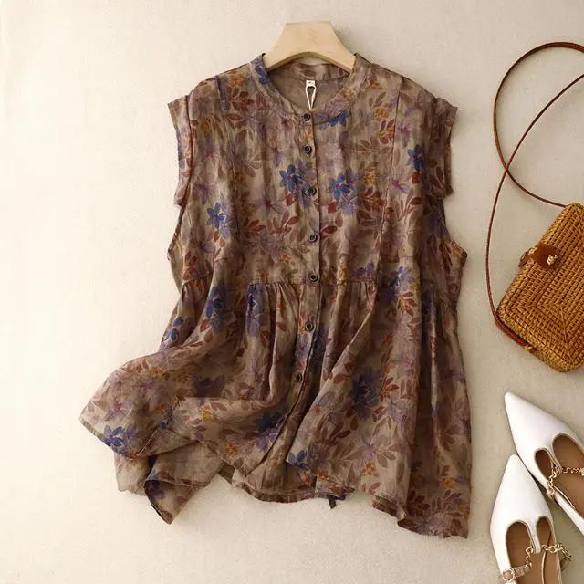 Sleeveless Vest Floral Printing Vintage Linen O-Neck Single Breasted Women's Blouse Shirt Female Clothing Tops