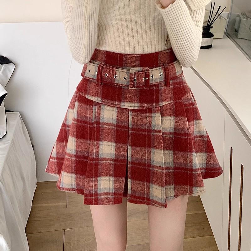 Plus Size Red Retro Wool Plaid A-line Pleated Skirt - American Style Autumn/Winter 3XL (Recommended 70-75kg)