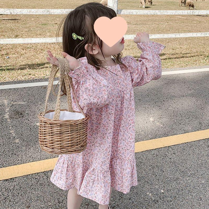 Girls' Floral Long-Sleeve Mid-Length Spring 2025 Princess Dress - Korean Pastoral Style