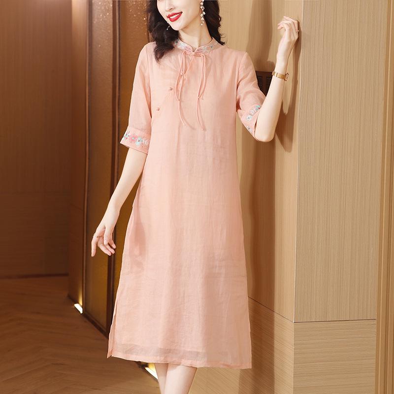 Elegant Mid-Length Embroidered Qipao with Cotton Linen and Frog Buttons