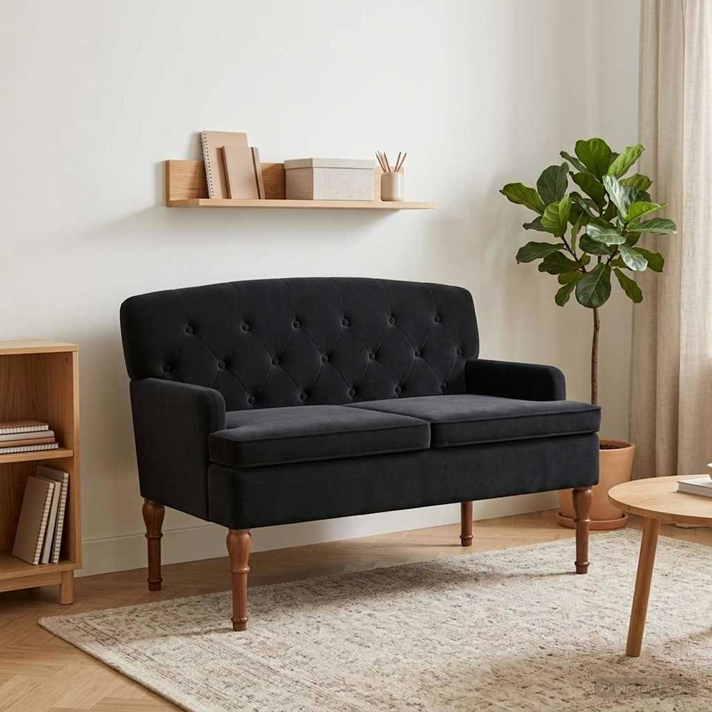 Two Seater with Button Tufting Black 111 x 65 x 79 cm Velvet