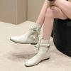 White Butterfly-knot Chelsea Ankle Boots Vintage Square Toe Flat Leather Low Heels Slip-on Shoes 2024 Women's Slim Western Boots