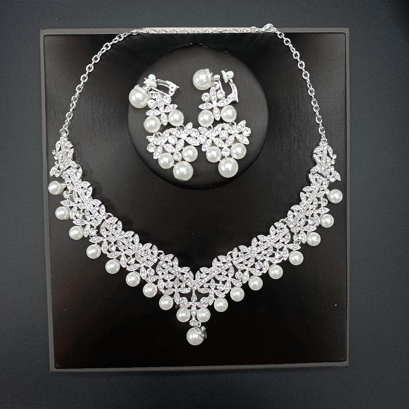 Luxury Silver Crystal Pearl Pendant Bridal Jewelry Elegant Water Diamond Banquet Party Ceremony Accessories Necklace Earring Set