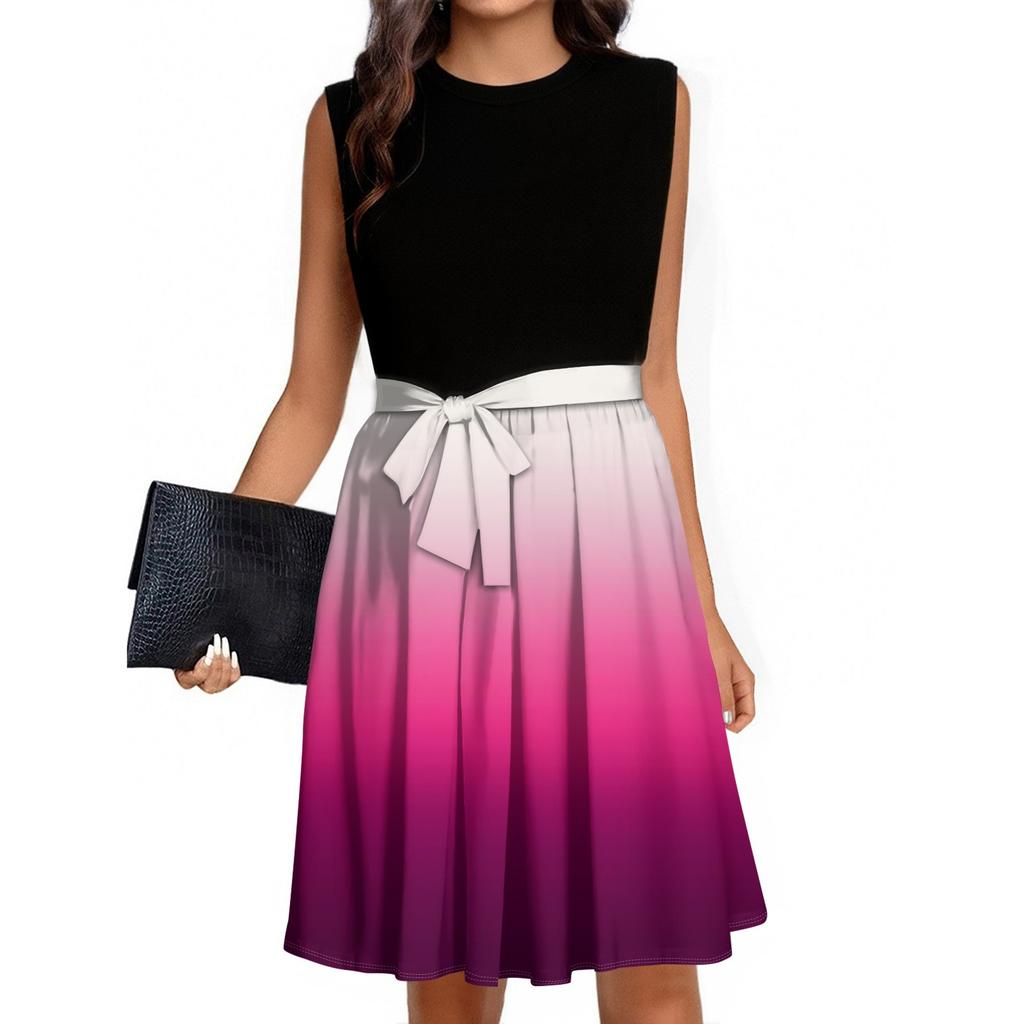 Women's Fashion Casual Lace-up Sleeveless Round Neck Splicing Short Dress