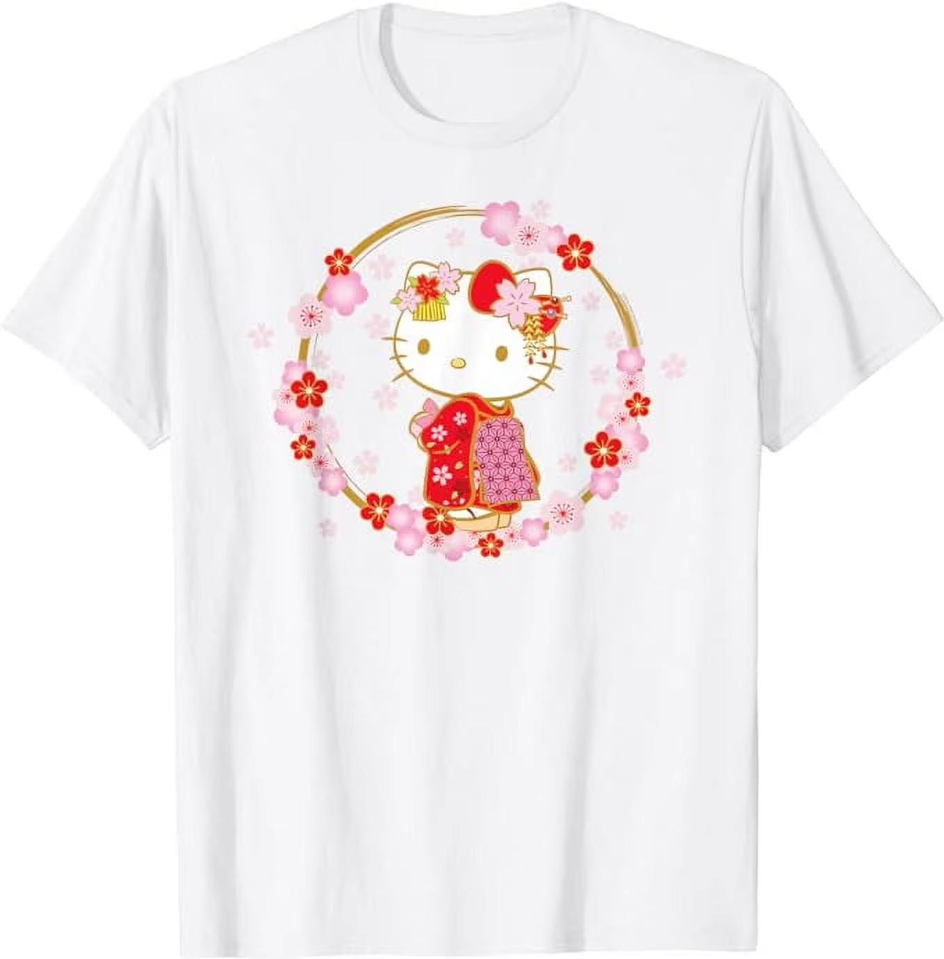 

2026 new Summer HelloKitty Cartoon Graphic Tee Casual Short Sleeve Cotton Tops for Adults Kids Lovely Kawaii Streetwear Style S