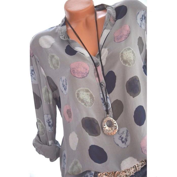 

Fashion Women Polka Dots Print Chiffon Blouse Long Shirt Sleeve Tops Cloth 3XL серый