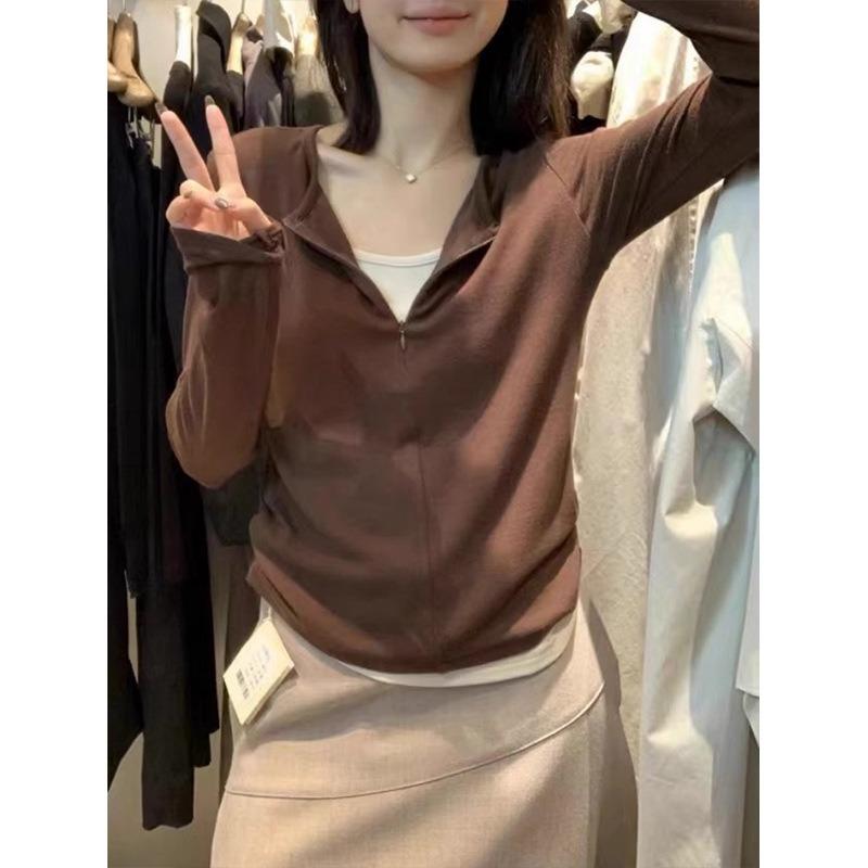 Spring Semi-zipper Contrasting Fake Two-piece Shirt Women's Top Waist Pinch Pleated Long-sleeved Retro Bottoming Shirt