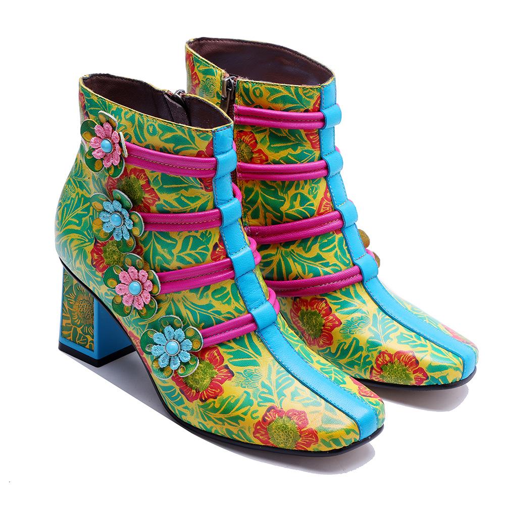 Johnature Retro Tištěné Krátké Kožené Boty Květinové Pohodlné Silný Podpatek Dámské Boty