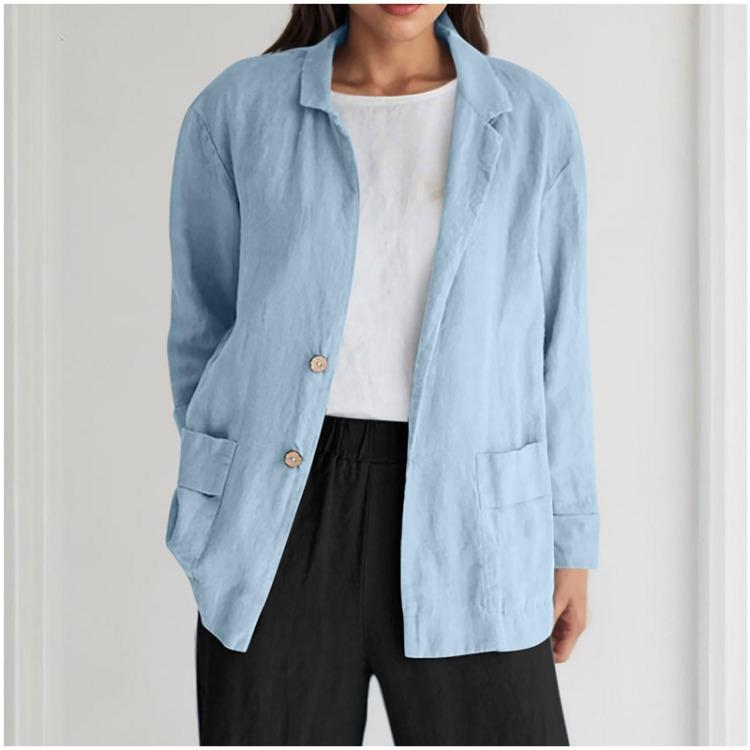 Casual Loose Long Sleeved Jacket Women Solid Color Button Pocket Fashionable