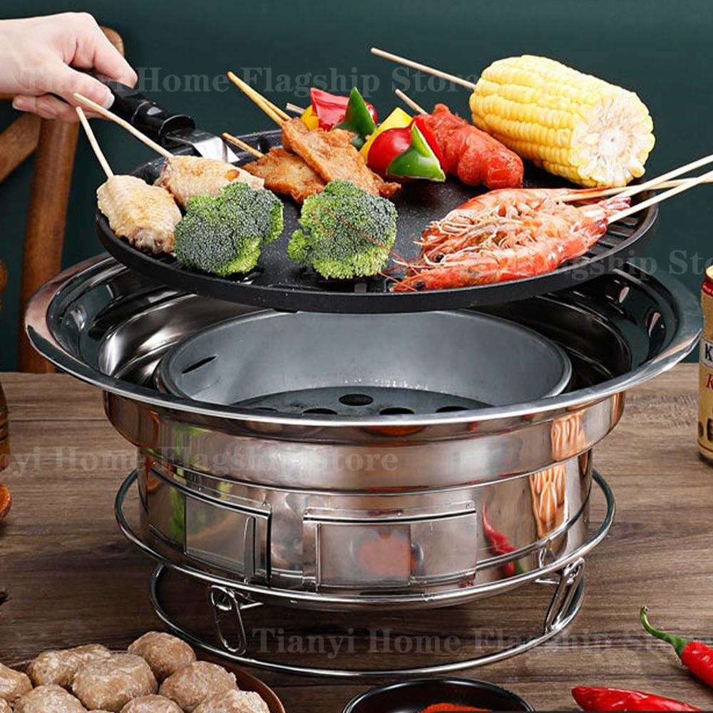 Stainless Steel Charcoal Grills Carbon stove Barbecue Grill Rack Round Korean Non-stick Home Outdoor Camping Portable BBQ Tools