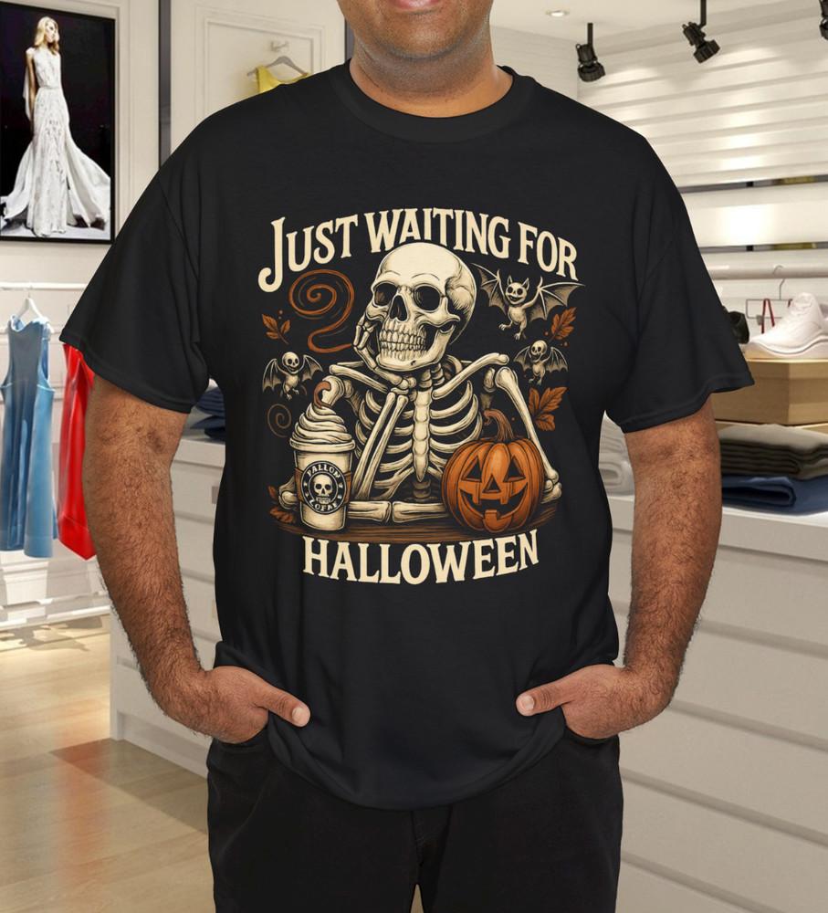 

Just Waiting for Halloween Shirt – Funny Skeleton Pumpkin Retro Spooky Fall Tee L