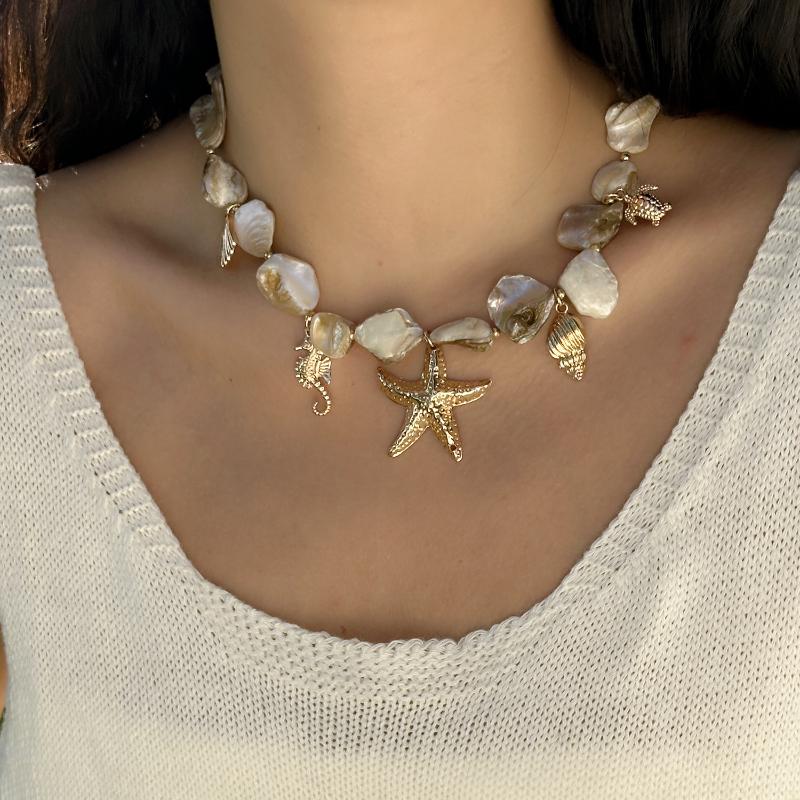 Boucles d'oreilles à franges en coquillages irréguliers style bohème Collier avec pendentif étoile de mer en perle d'imitation Ensemble de bijoux pour femme Style vacances à la plageb