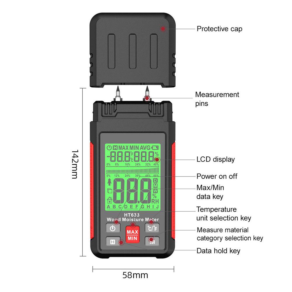 HT633 Digital Wood Moisture Meter Wood Humidity Tester Hygrometer Timber Damp Detector LCD Display Cement Brick Moisture Meter