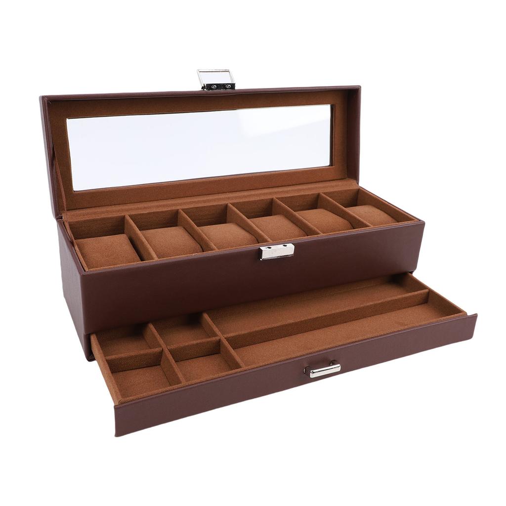 Puzdro na hodinky pre mužov Kožené 6 priehradiek 2-vrstvové Puzdro na vystavenie hodiniek na uloženie zbierky hodiniek a šperkov Hnedé