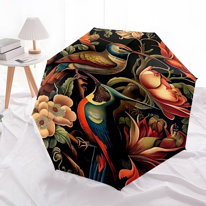 1pc bird flowersOpen/Close Umbrella-Windproof, Compact Travel Umbrella, Sturdy 8-Rib Shaft, Outdoor Accessory, 1093