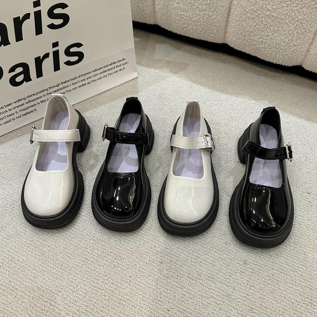 Franske Mary Jane-sko med høye hæler for kvinner, Retro, Enspennelukning, Allsidig sløyfe, Tykksålede, Chunky-hælede skinnsko