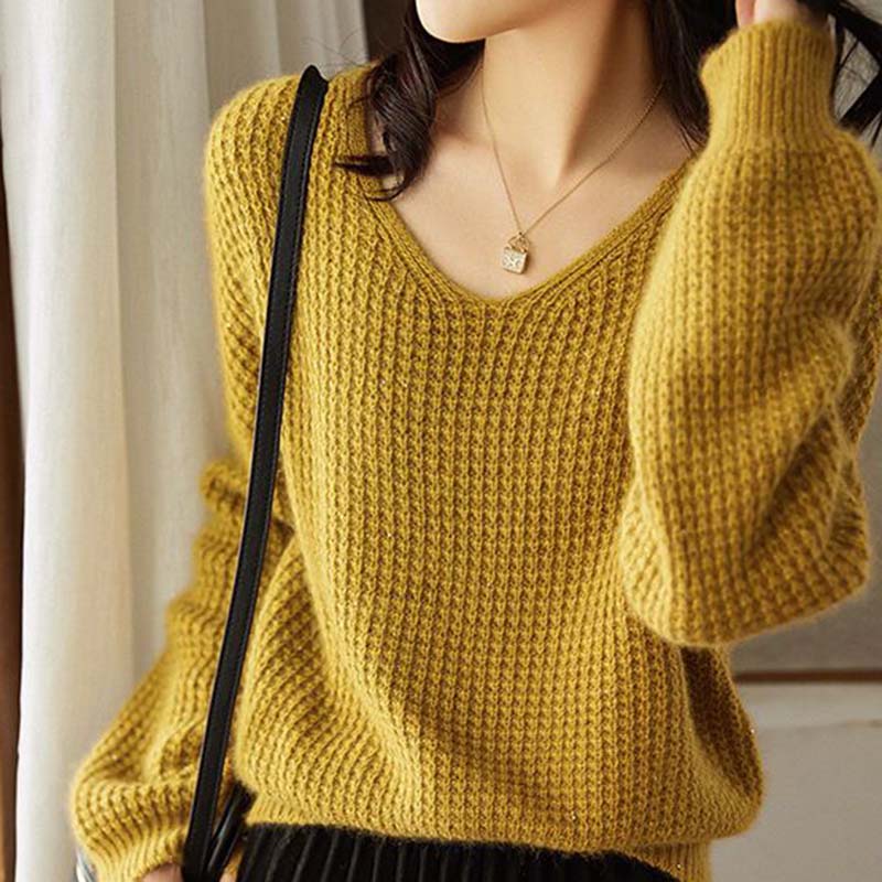 Sweater for Women Autumn Winter Thickened Warm Knitted Stretchy Long Sleeve V-neck Tops