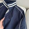Women's Spring 2025 Retro Dark Blue Baseball Jacket with Stand-up Collar