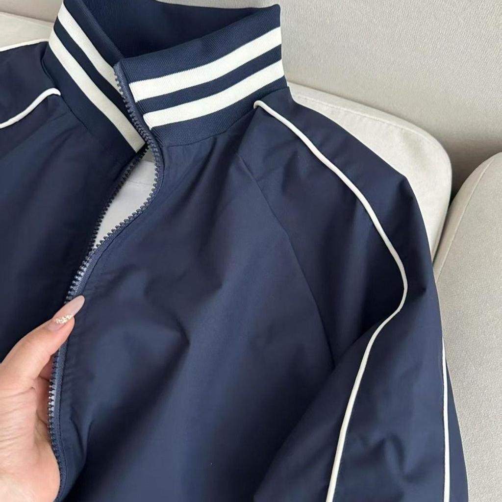 Women's Spring 2025 Retro Dark Blue Baseball Jacket with Stand-up Collar