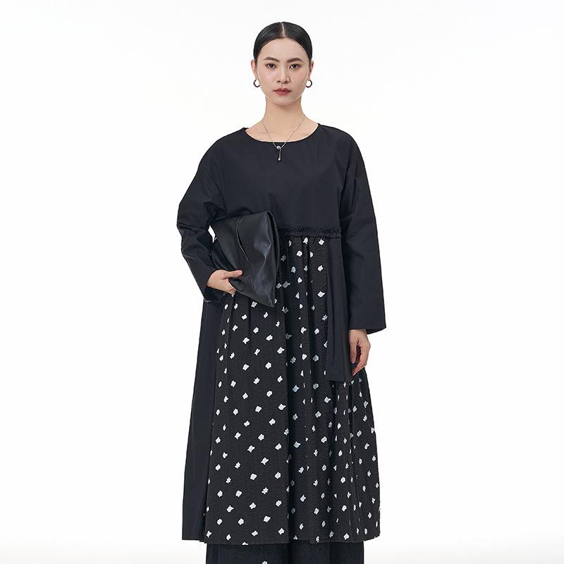 2026 Spring Korean Style Printed Patchwork Long Sleeve Plus Size Shirt Dress for Women One Size чёрный