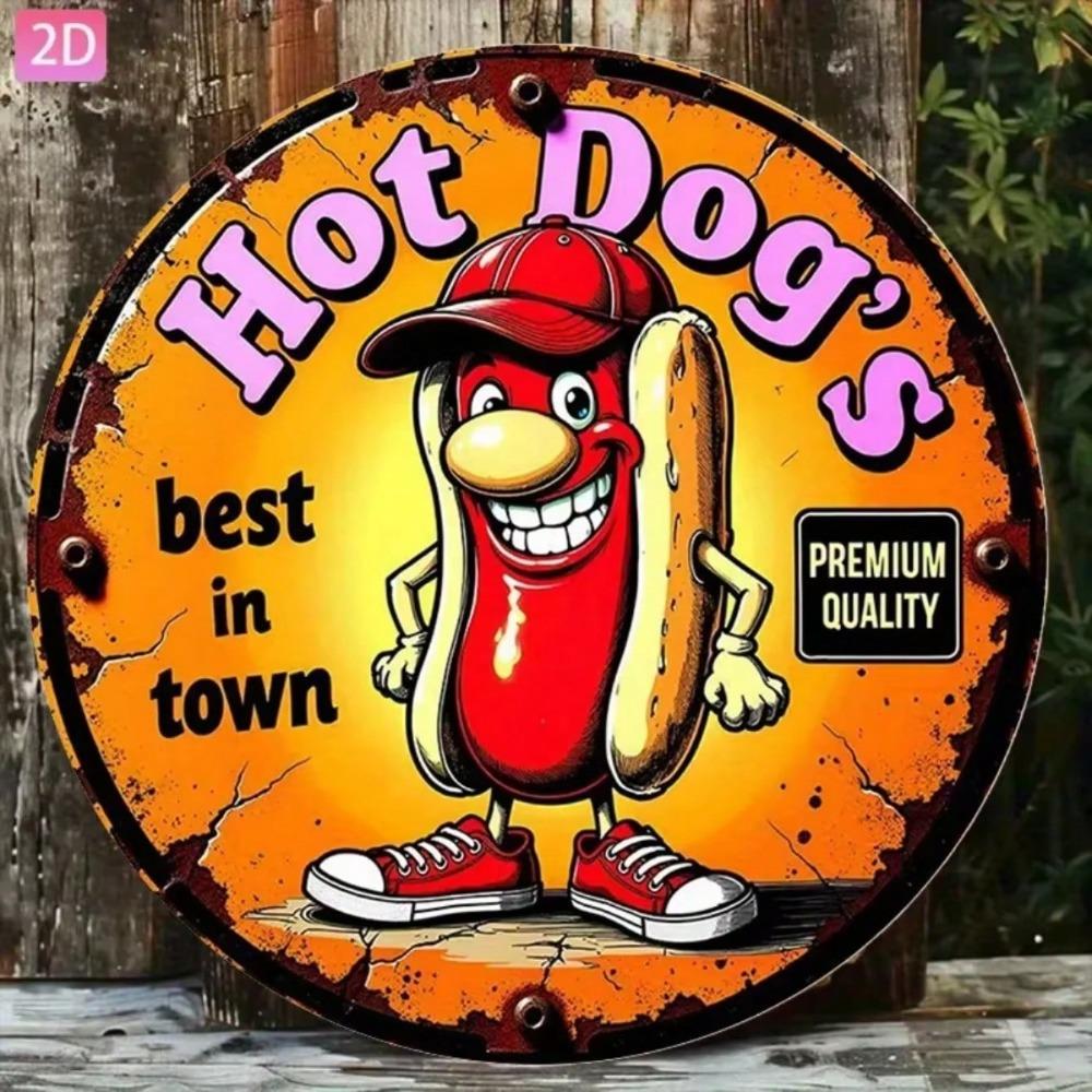 Vintage Hot Dog Cartoon Tin Sign 20x20cm 2D Flat Aluminum Wall Art Kitchen Bar Garden Garage Outdoor Decor