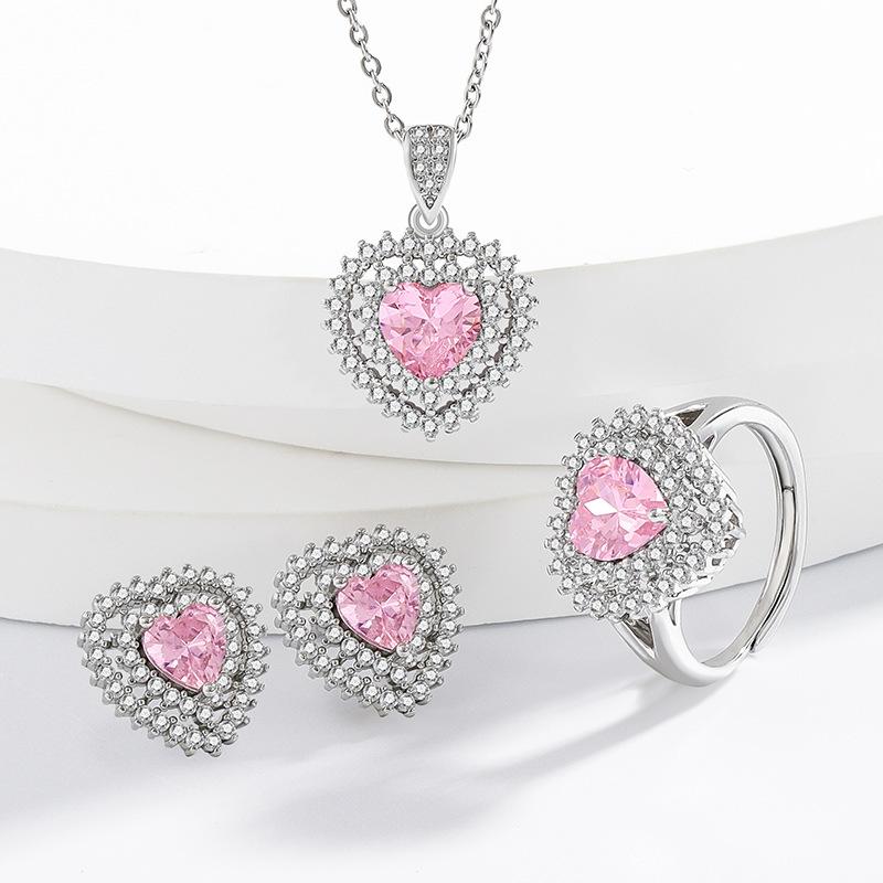 

925 Sterling Silver Sweet Rococo Style Pink Peach Heart Zircon Jewelry Set Romantic Valentine s Day Gift One size