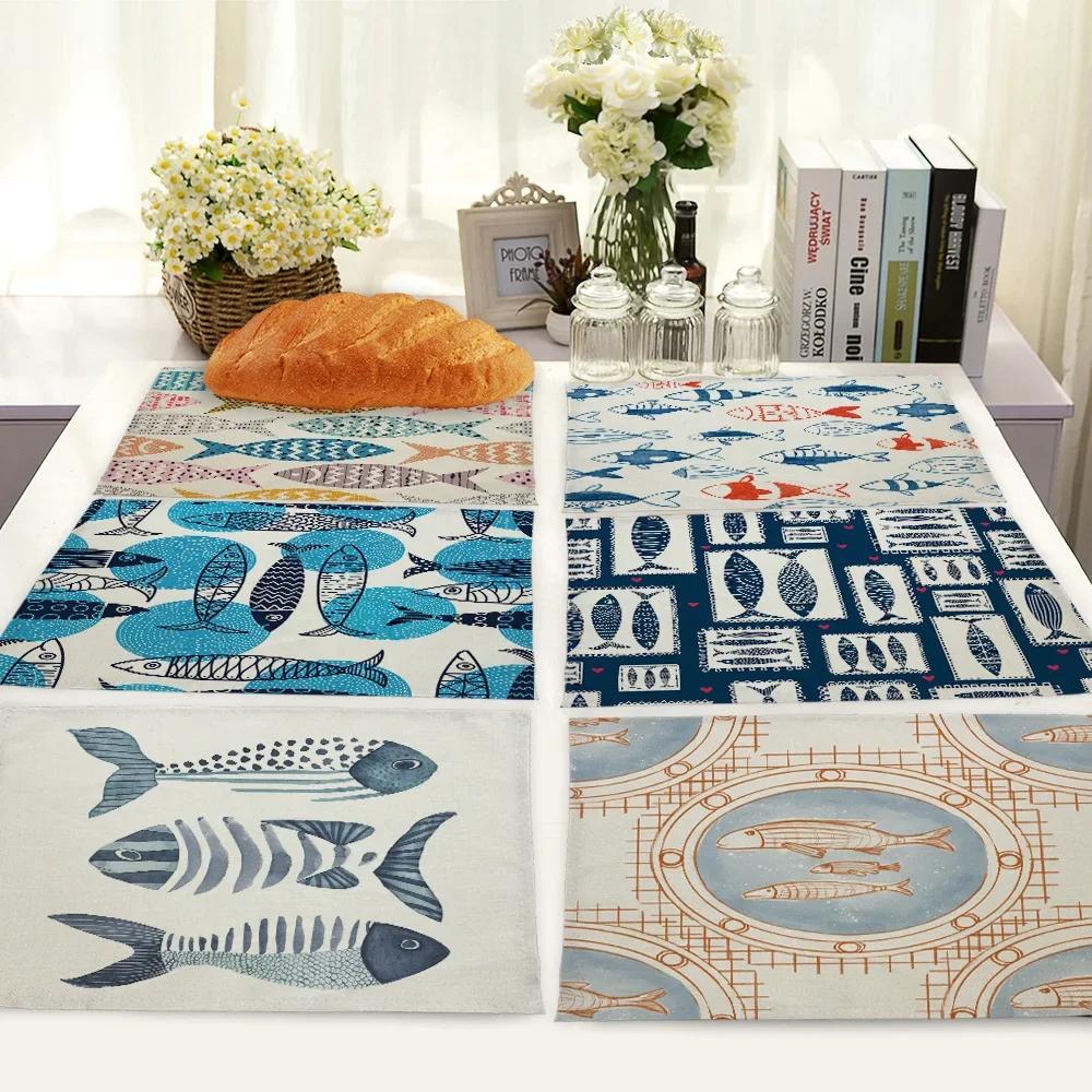 Fisch Meeresleben Muschel Muster Küchen-Tischset Leinen Esstisch-Matten Untersetzer Schale Tasse Matte Fisch Haus Dekoration Tisch s