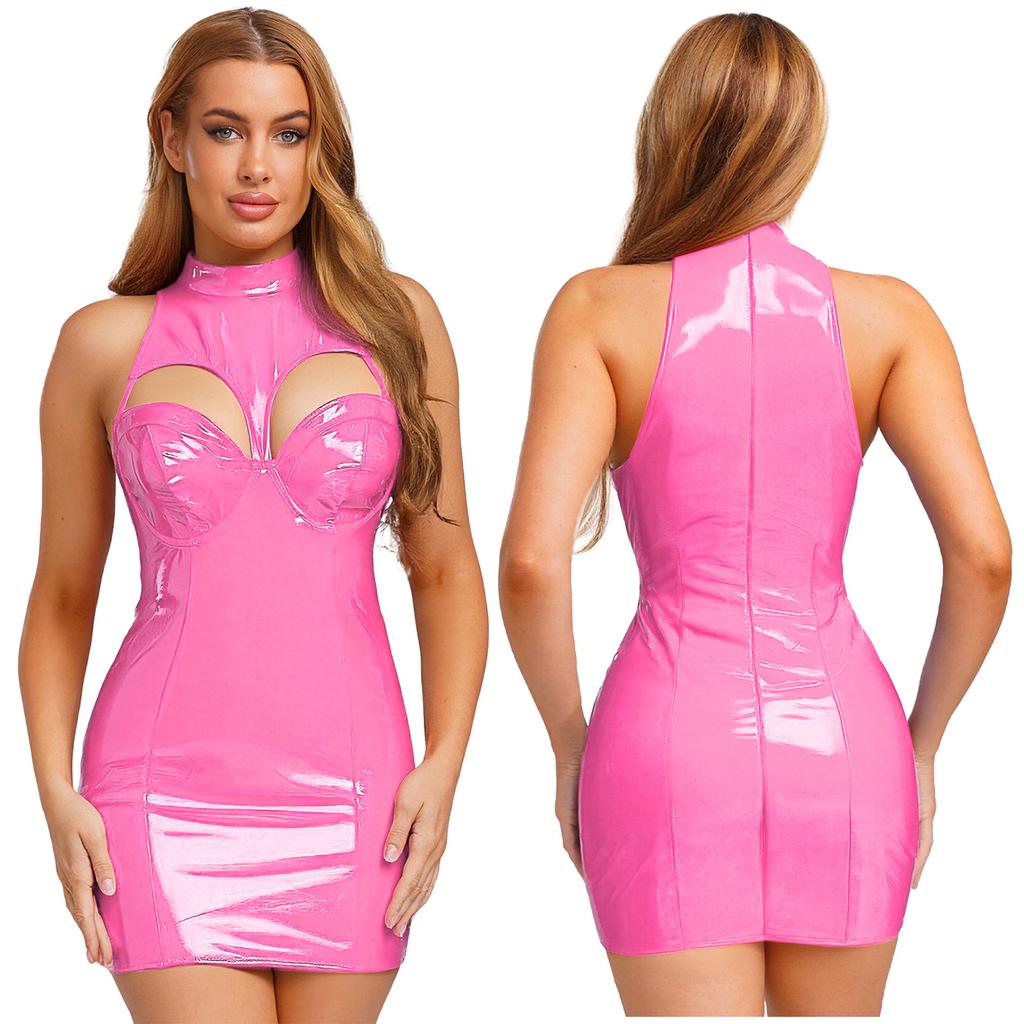 S-3XL Sexy Clubwear Bodycon Dress: Wet Look PU Mini with Built-in Push-up Bra, Mock Neck & Hollow-out Party Dress