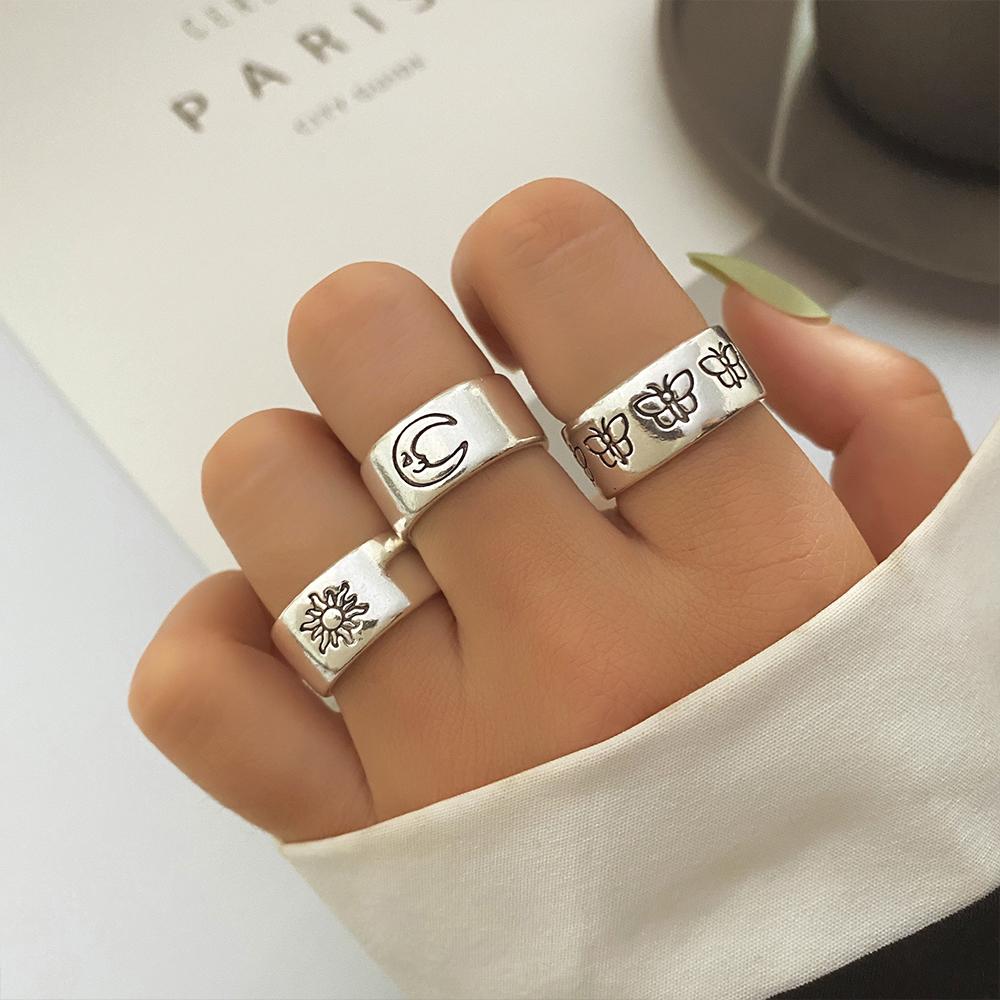 Retro Silver Moon Sun Butterfly Opening Adjustment Party Wear Versatile Jewelry Ring Set