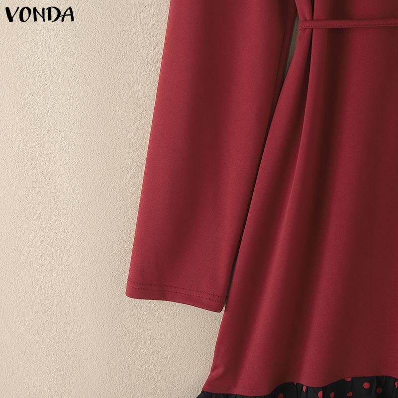 VONDA Women O Neck Long Sleeve Patchwork Polka Dots Ruffled Hem Casual Tunic Mini Dress