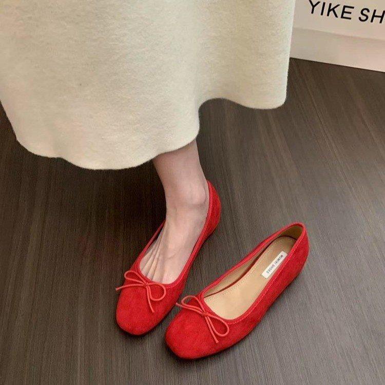 Women'S Spring And Autumn Heightening Shoes Suede Child Red New Evening Shoes French Ballet Single Shoes Bow