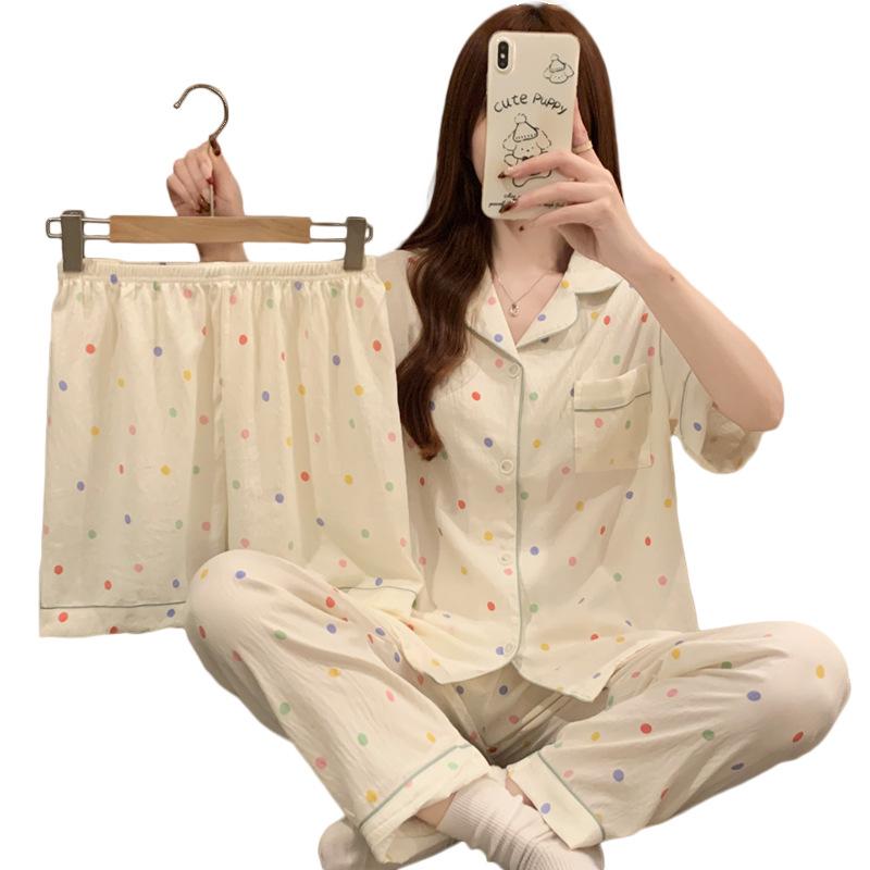Cream Wind Color Polka Dots Spring And Summer Pajamas Women'S Short-Sleeved Three-Piece Set Simple Loungewear Cloud Cotton Set