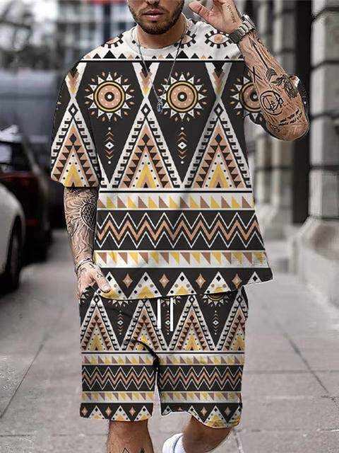 

Новый летний мужской повседневный костюм, уличная повседневная мужская футболка с короткими рукавами, спортивные модные шорты на открытом воздухе с богемным принтом 6XL