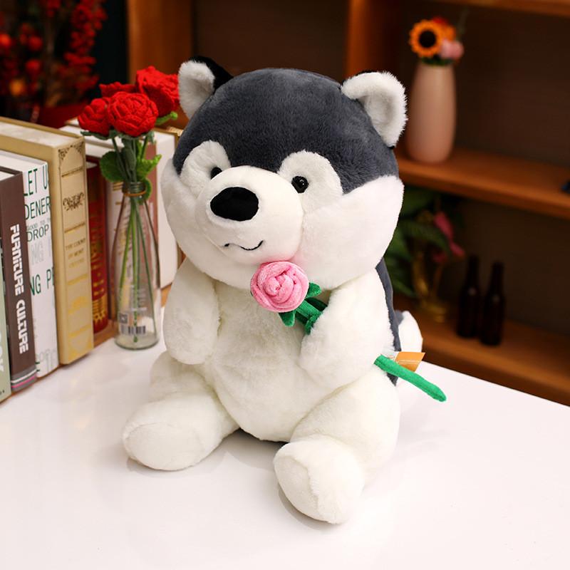 Cute Cartoon Handheld Rose Husky Plush Stuffed Toy Pillow For Room Decoration
