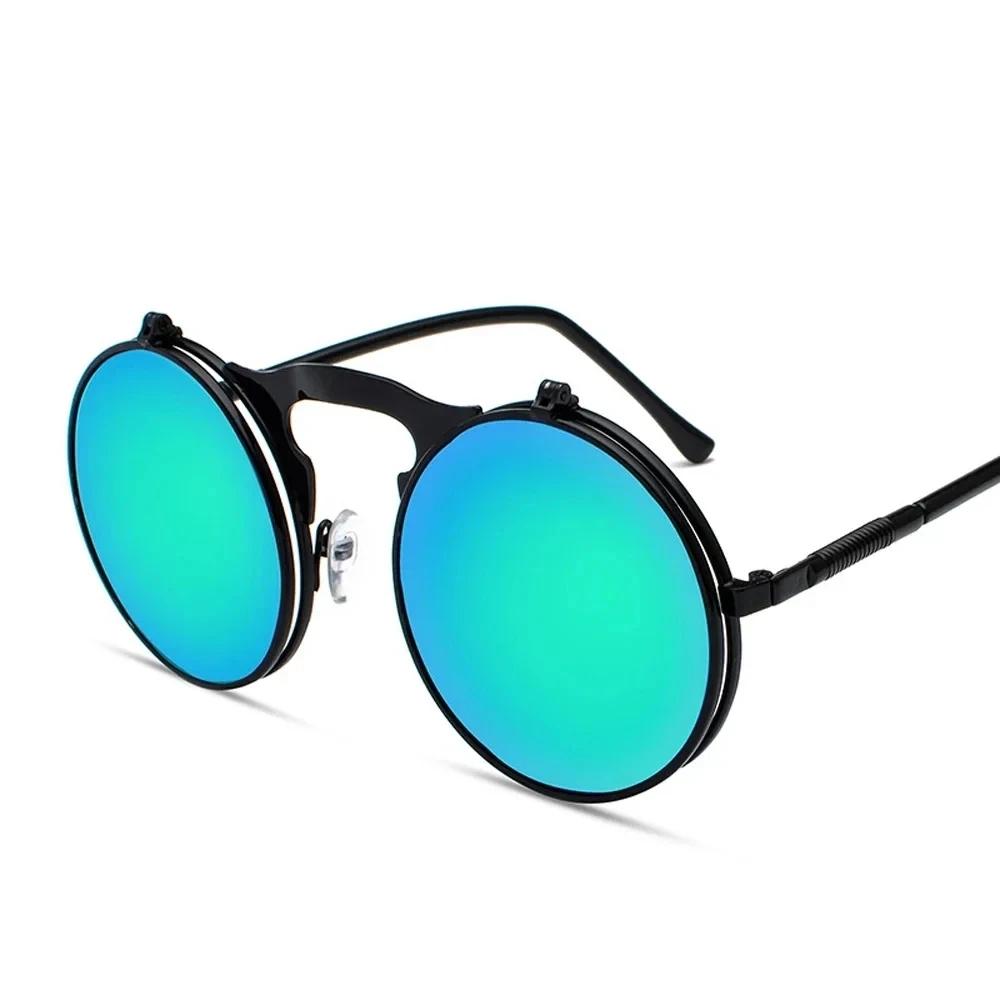 Vintage Steampunk Flip Up Men Sunglasses Women Retro Round Metal Frame Sun Glasses Hinge Design Curved Glasses Legs Uv400