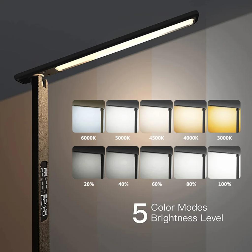 New USB/Wireless Charger LED Desk Lamp Alarm Clock Temperature Dimmable Touch Table Lamp Eye-Protection Reading Night Light