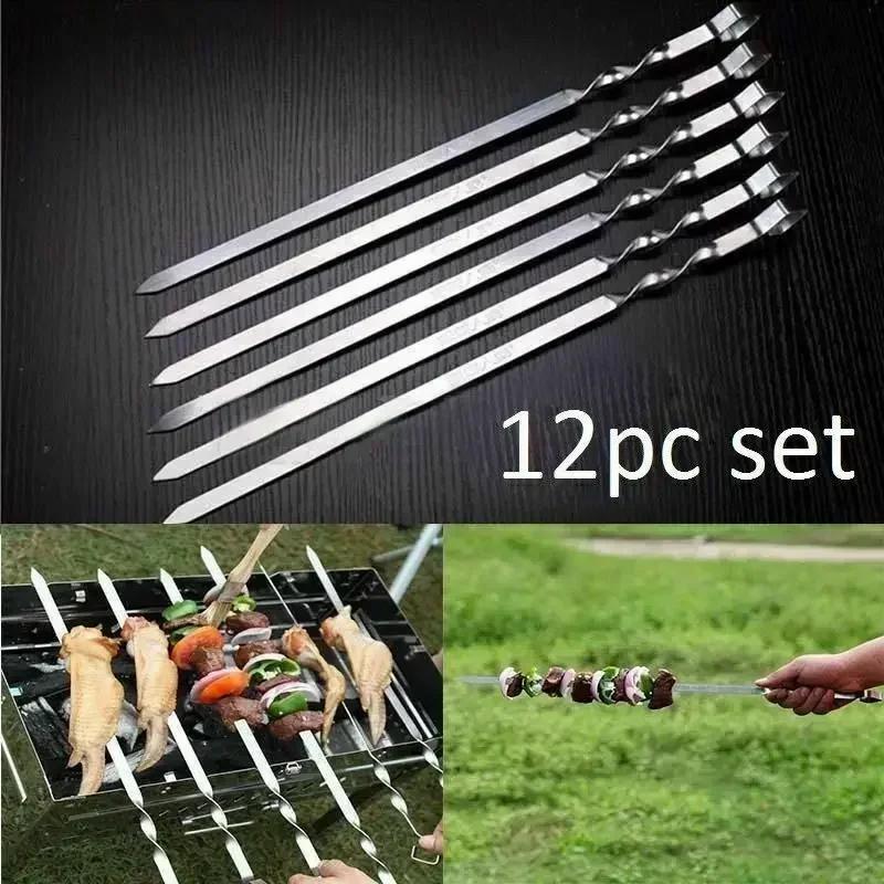 New Practical 10Pcs Stainless Steel BBQ Barbecue Skewer Roast Stick Grilling Kabob Kebab Flat Skewers Needle Wholesale