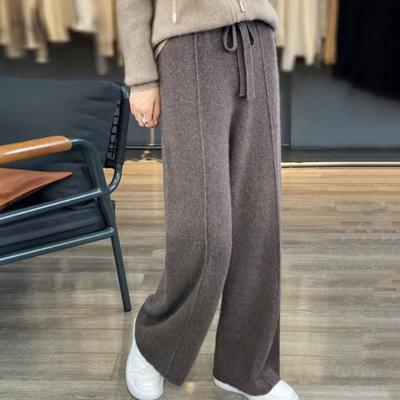 Wolle Casual Hosen Einfarbig Gerade Breite Bein Stricken Hose mit Kordelzug Hohe