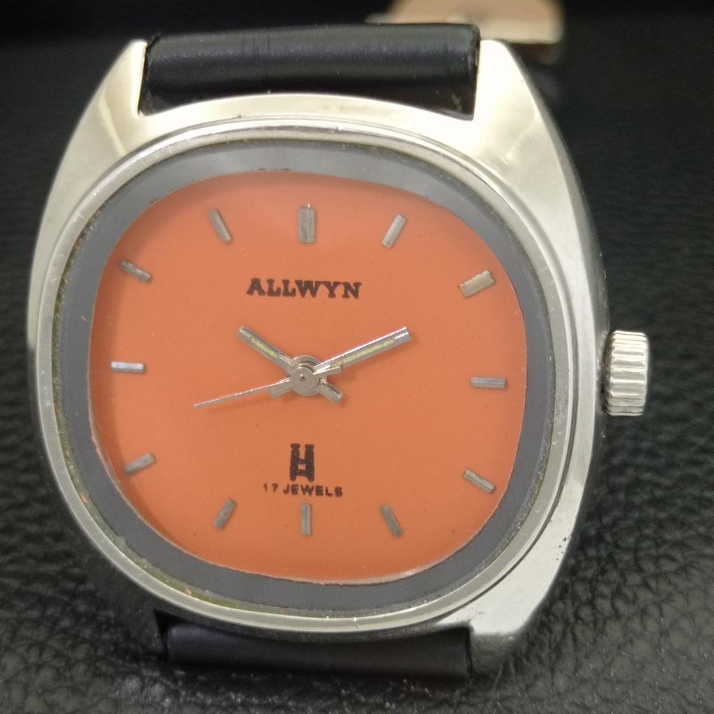 HAND-WINDING VINTAGE ALLWYN 6300A INDIA MENS ORANGE COLOR DIAL WATCH a703949-1